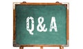 Q&A, acronym for Ã¢â¬ÅQuestions and AnswersÃ¢â¬Â white text written on a green old grungy vintage wooden chalkboard blackboard stand